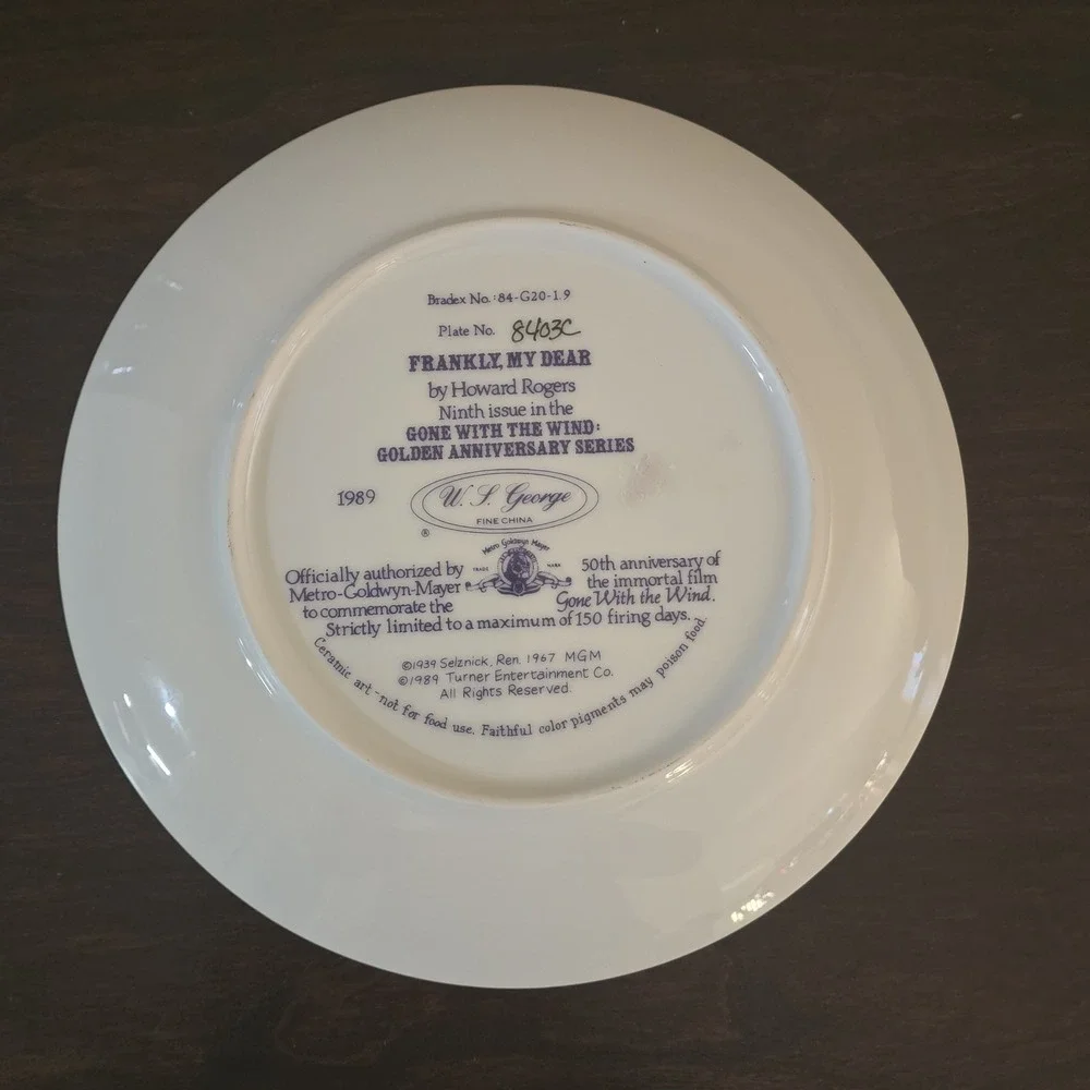 Frankly My Dear, Gone With The Wind, W. L. George Collector Plate N.8403